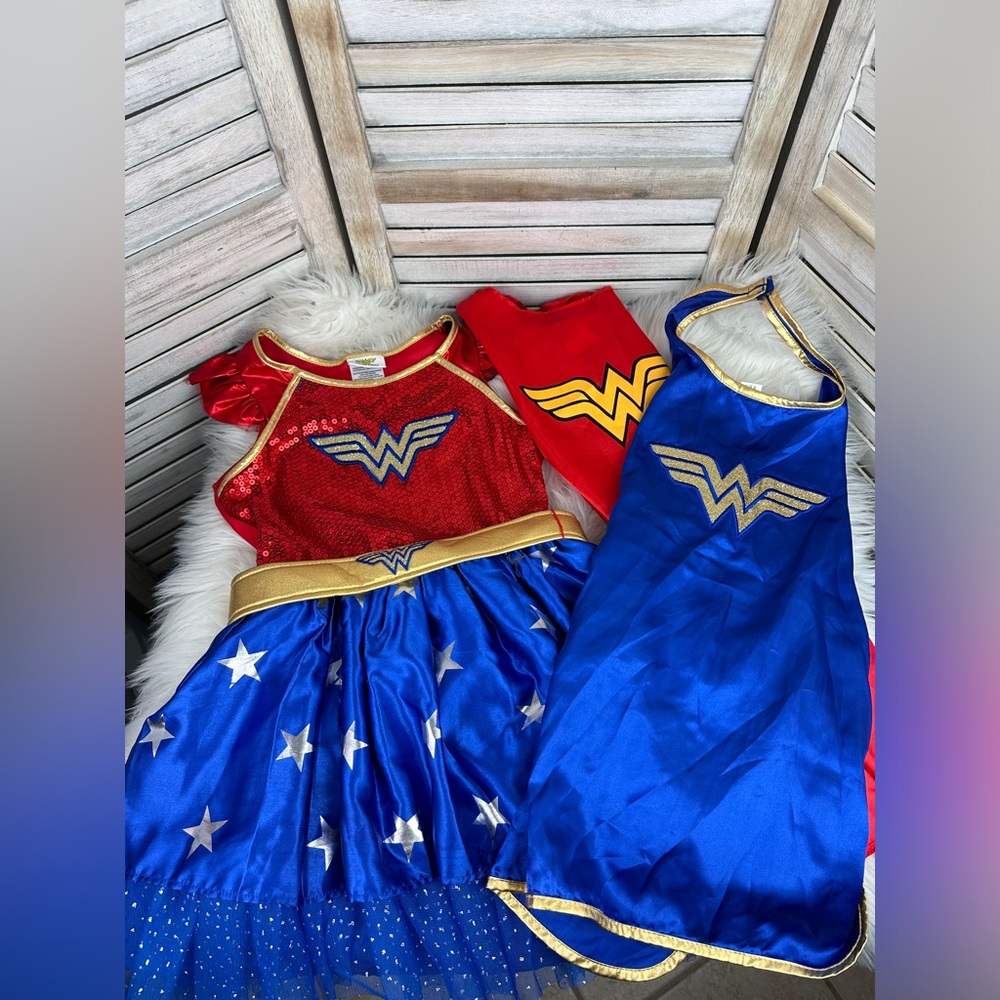 DC Comics Wonder Woman Girls Sequin Sparkle Dress Costume 4 Piece Bundle Set 5/6